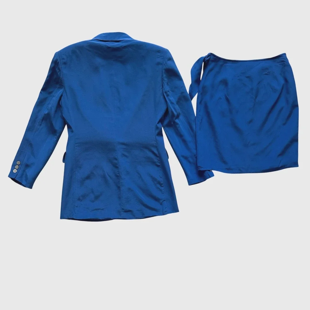 Hugo Buscati Milano Vintage Royal Blue 100% Silk Blazer Wrap Skirt Suit Set 2 4